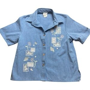 Vintage Denim Grannycore Embroidered Floral Blouse Size S